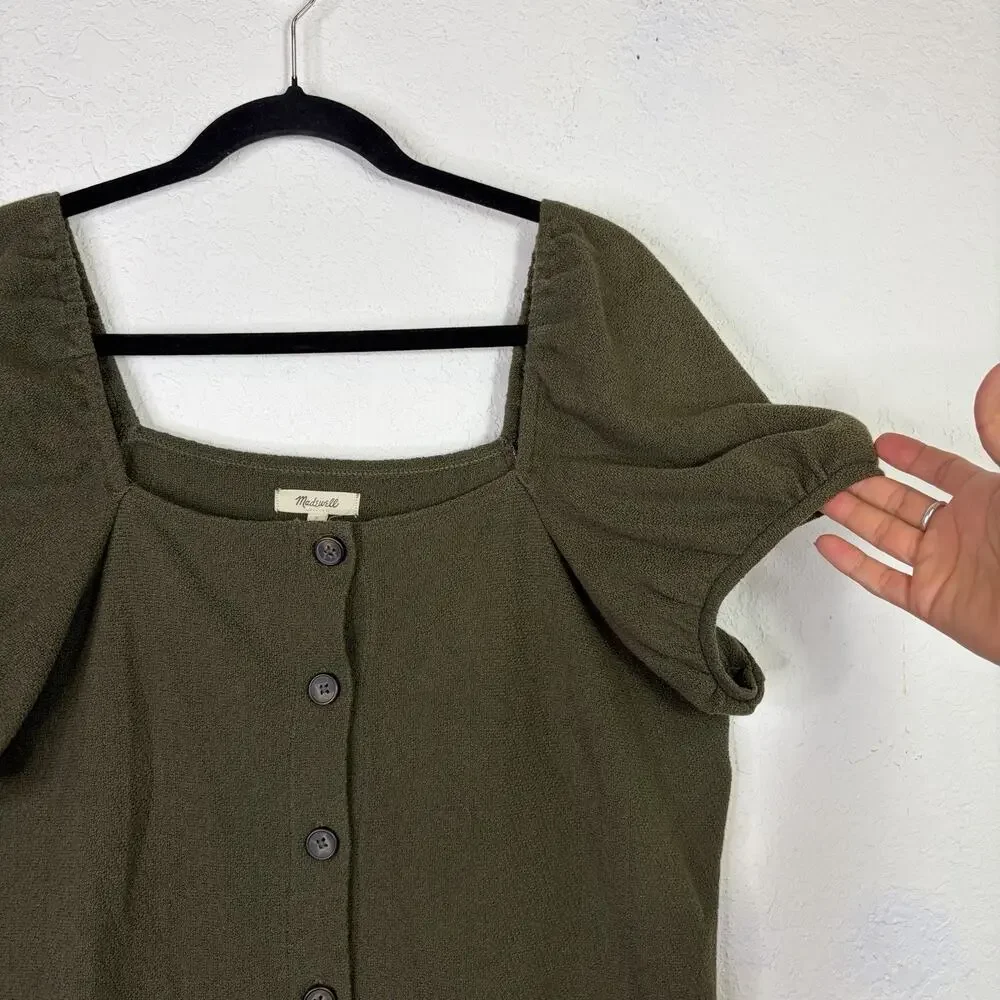 Madewell Jacquard square-neck puff sleeve top Green Size L, button front, casual